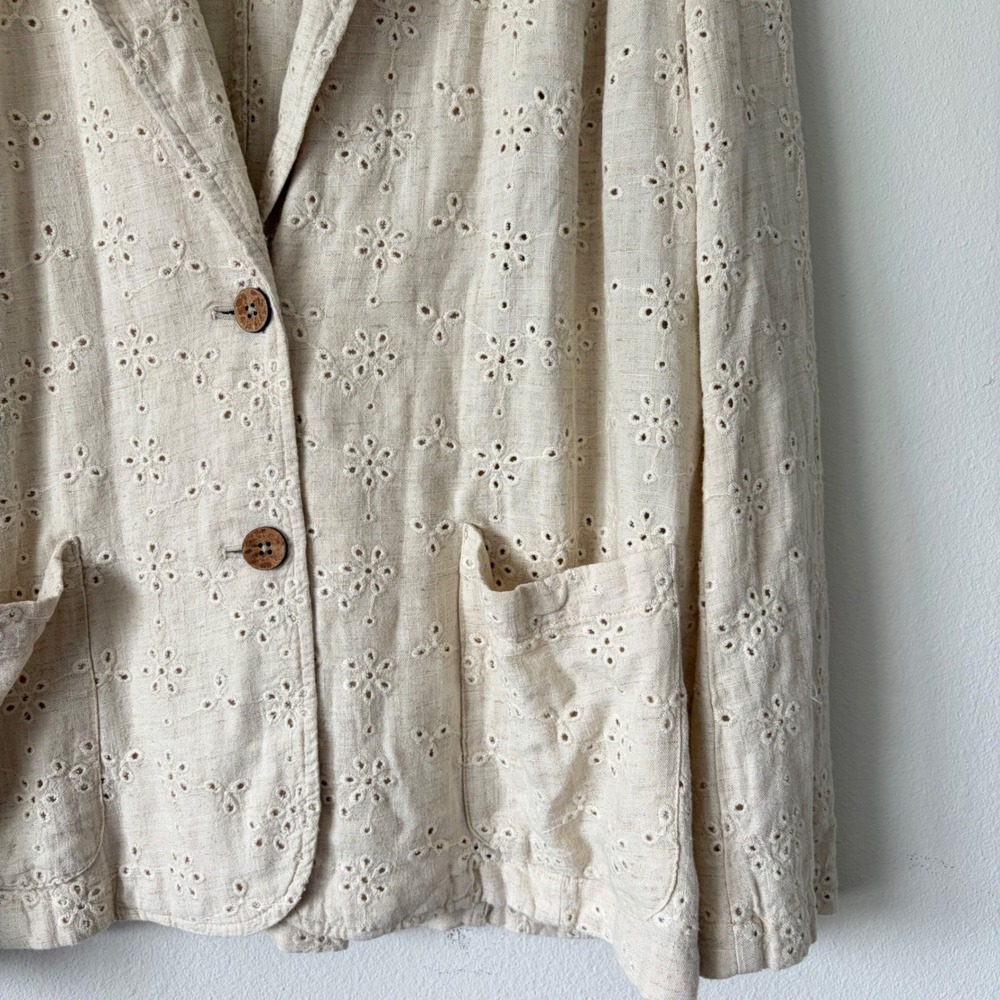 J. Jill Large Linen Blend Eyelet Floral Blazer Jacket Beige Tan Cottagecore - Picture 5 of 9